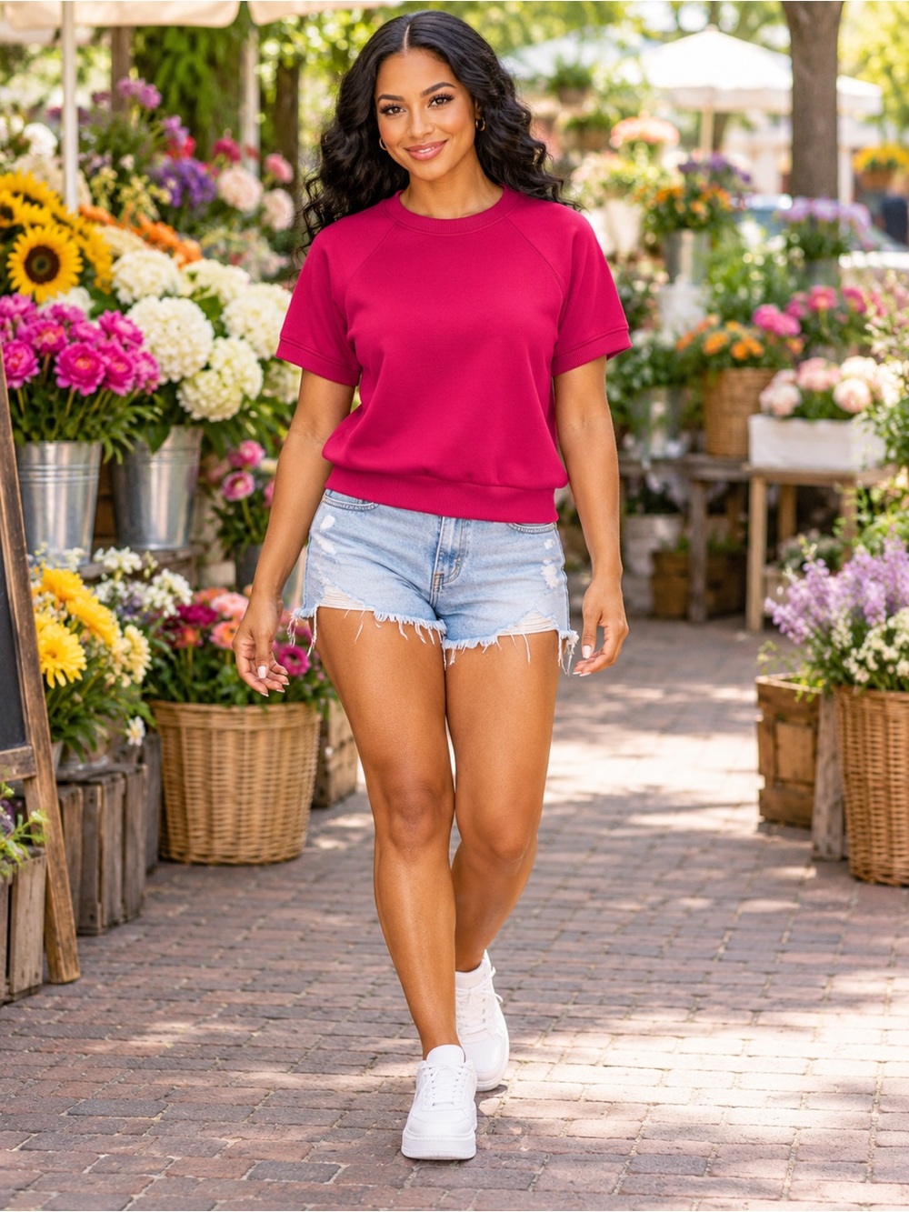 Just Be Hot Pink Short Sleeve Raglan Sweatshirt Top